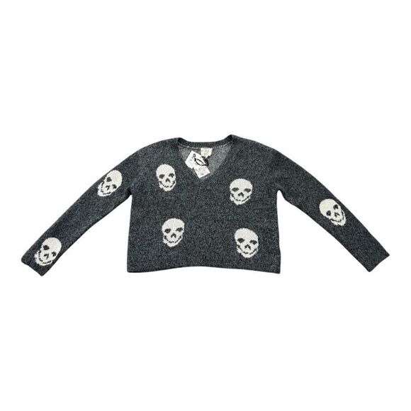 Hippie Rose Charcoal Skull V-Neck Cropped Sweater Size Medium - Picture 1 of 9